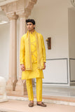Gulzar Yellow Floral Geometric Bandi Kurta Set