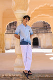 Blue Embroidered Cuban Collar Shirt Wolf