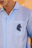 Blue Embroidered Cuban Collar Shirt Wolf