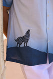 Blue Embroidered Cuban Collar Shirt Wolf