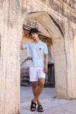 Light Blue Embroidered Cuban Collar Shirt Leopard