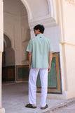 Green Embroidered Cuban Collar Shirt Giraffe