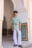 Green Embroidered Cuban Collar Shirt Giraffe