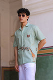Green Embroidered Cuban Collar Shirt Giraffe