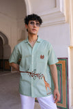 Green Embroidered Cuban Collar Shirt Giraffe
