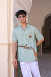 Green Embroidered Cuban Collar Shirt Giraffe