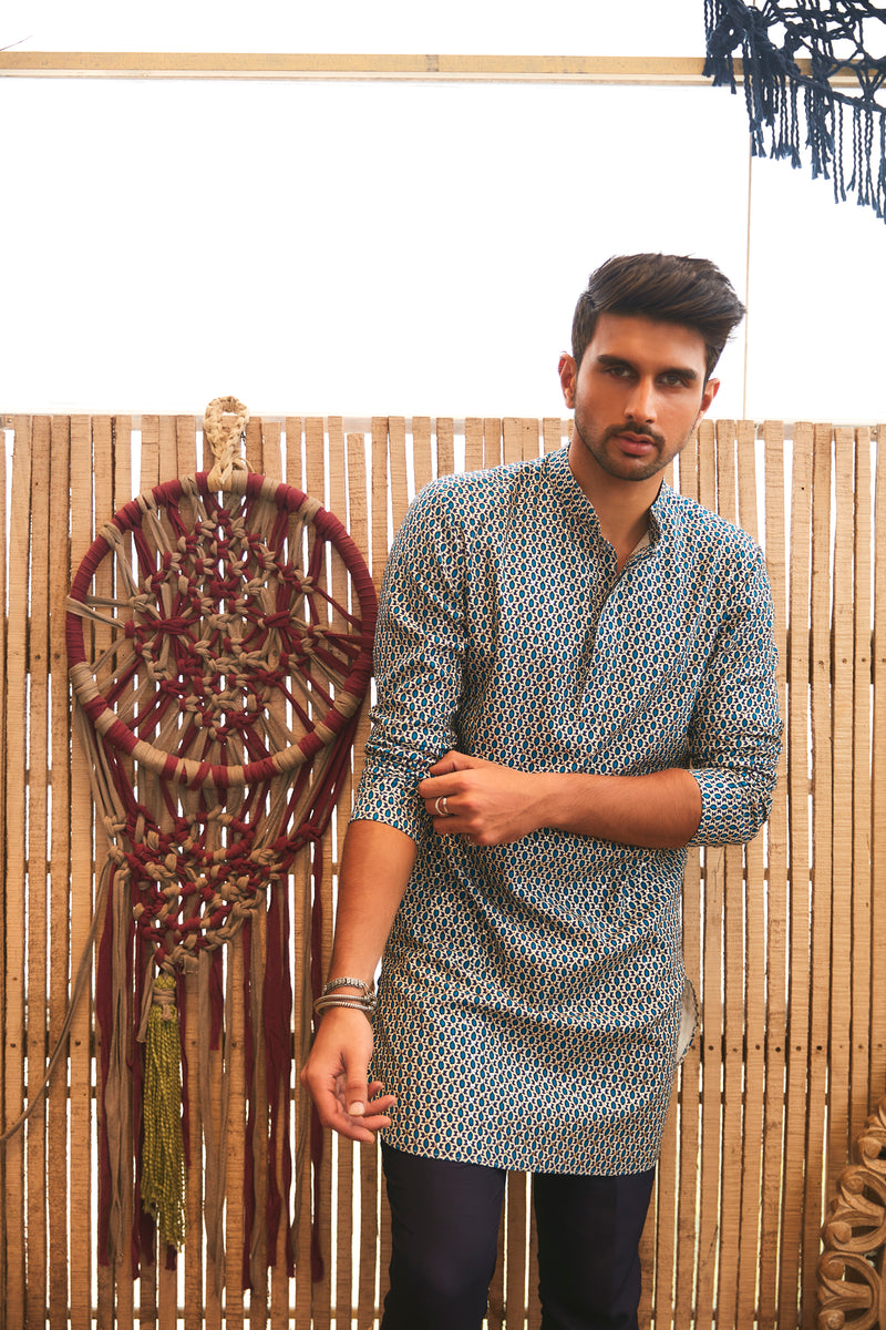 BLUE GEOMETRIC KURTA SET