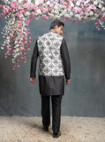 Ivory And Black Geometric Embroidered Bundi With Kurta Set