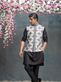 Ivory And Black Geometric Embroidered Bundi With Kurta Set