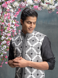 Ivory And Black Geometric Embroidered Bundi With Kurta Set