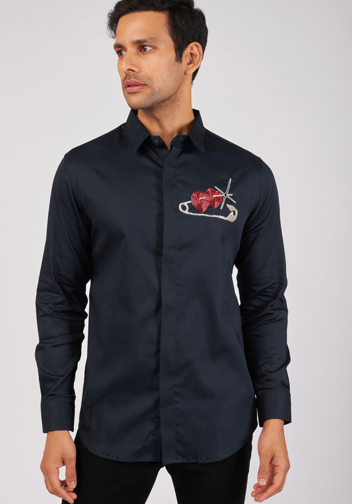 NAVY BLUE SHIRT WITH HAND EMBROIDED SILVER PIN RED HEART