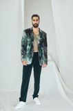 Emerald Blotched Printed Velvet Blazer with Hand Embroidery