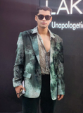 Emerald Blotched Printed Velvet Blazer with Hand Embroidery