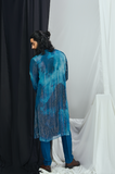 Jade Blue Blotch Printed and Hand Embroidered Angrakha Kurta with Pants