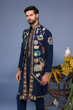 Maahir Cocktail Navy Blue Kurta Jacket Set