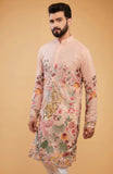 Peach Flora-fauna embroidered kurta with intricate multi-threadwork and tone-to-tone sequins