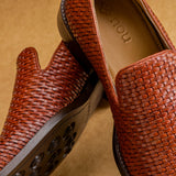 TAN WEAVED CUBAN SLIP ONS