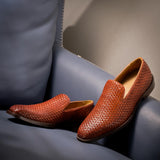 TAN WEAVED CUBAN SLIP ONS