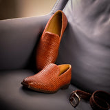 TAN WEAVED CUBAN SLIP ONS