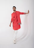 CORAL RED NEHRU AND KURTA SET