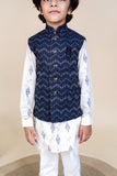 Navy blue waistcoat with ikat kurta and off white pyjama