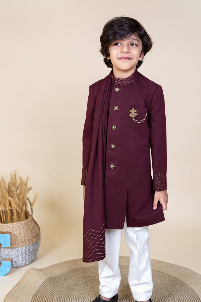 Angrakha indowestern jacket with drape teamed with off white trousers