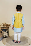 Yellow pintucks waistcoat with mirror work kurta and pyjama