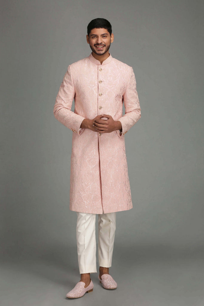 Light pink dori embriodry sherwani with pant pyjama
