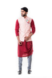 Maroon Cowl Kurta and Grey Churidar with Pink Waist Coat Set.