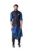 Blue Cowl Kurta Set with Embroidered BlacK Waist Coat Set