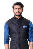 Blue Cowl Kurta Set with Embroidered BlacK Waist Coat Set