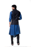 Blue Cowl Kurta Set with Embroidered BlacK Waist Coat Set