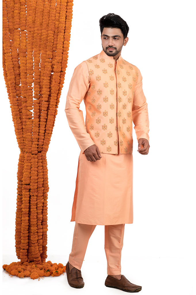 Light Orange Raw Silk Kurta Pajama with Mirror Work Jacket