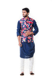 Blue Cowl Kurta Set & Blue Floral Printed Waist Coat Set