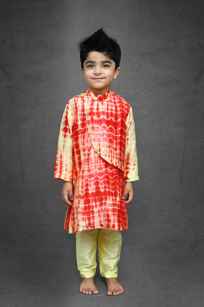 Tie and Dyed Yellow red Kurta with pale yellow chudidar