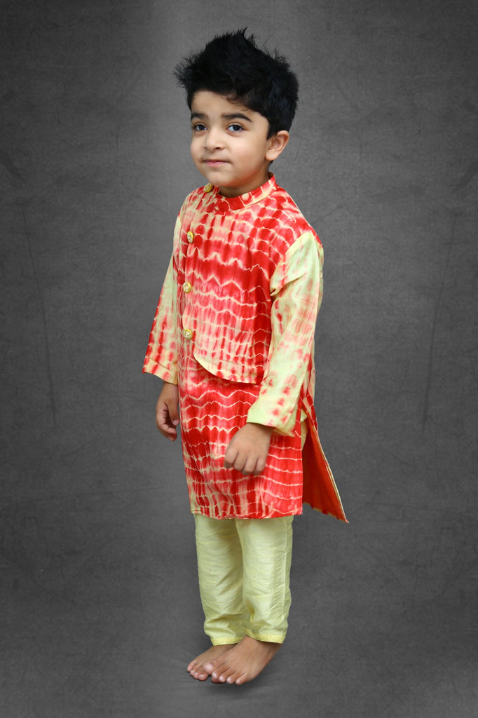 Tie and Dyed Yellow red Kurta with pale yellow chudidar
