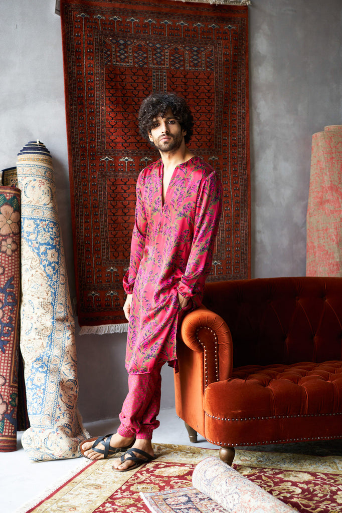 Buy Cherry Red Satin Silk Printed Kurta And Joggers Pants by PUNIT