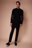 Black sherwani with embroidered sleeve lines and tie up detail