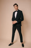 Black shawl lapel tuxedo with all over stack motifs