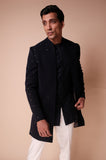 Midnight blue open style sherwani with quard motifs and tonel kurta