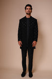 Black open style sherwani with embroidered pyramid motifs