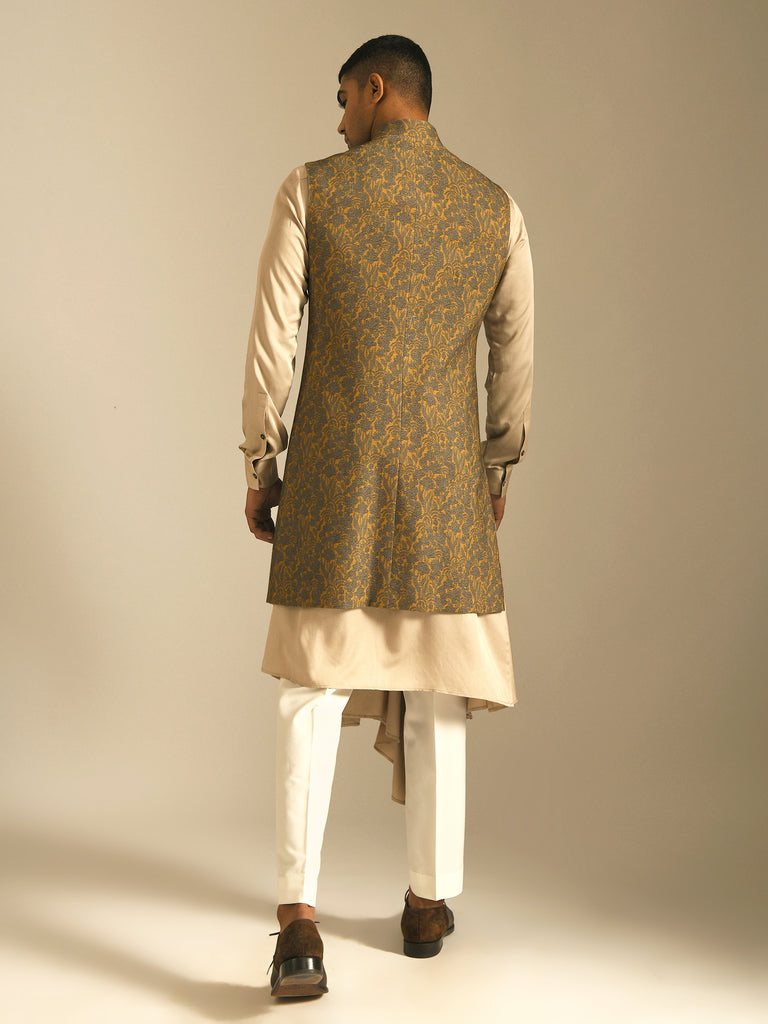 Ochre Printed Long Jawahar Jacket