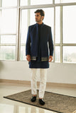Navy Blue Indowestern 
with  gold metallic bands 
on high low hem