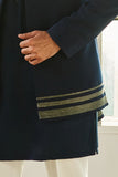 Navy Blue Indowestern 
with  gold metallic bands 
on high low hem
