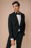 Black shawl lapel tuxedo with all over stack motifs