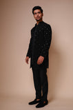 Black open style sherwani with embroidered pyramid motifs