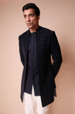 Midnight blue open style sherwani with quard motifs and tonel kurta