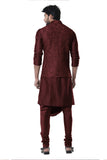 WINE COWL KURTA WITH FULL EMBROIDERED WINE WAIST COAT SET