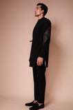 Black sherwani with embroidered sleeve lines and tie up detail