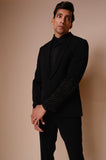 Black shawl lapel tuxedo with gold embroidery on sleeves